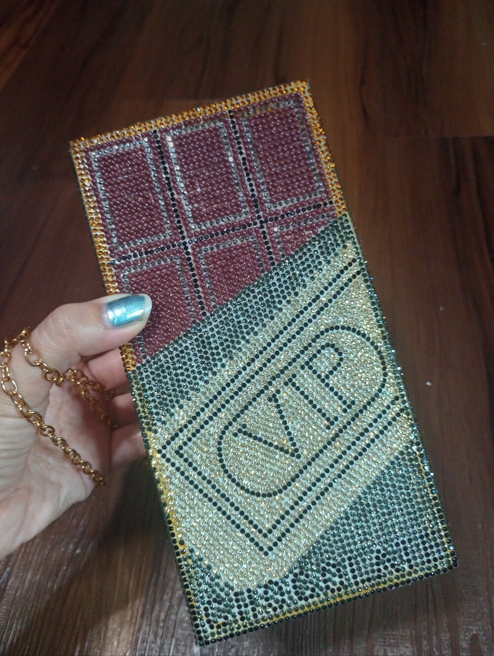 Sparkly Rhinestone Covered VIP Chocolate Bar Crossbody Bag - Picture 2 of 7